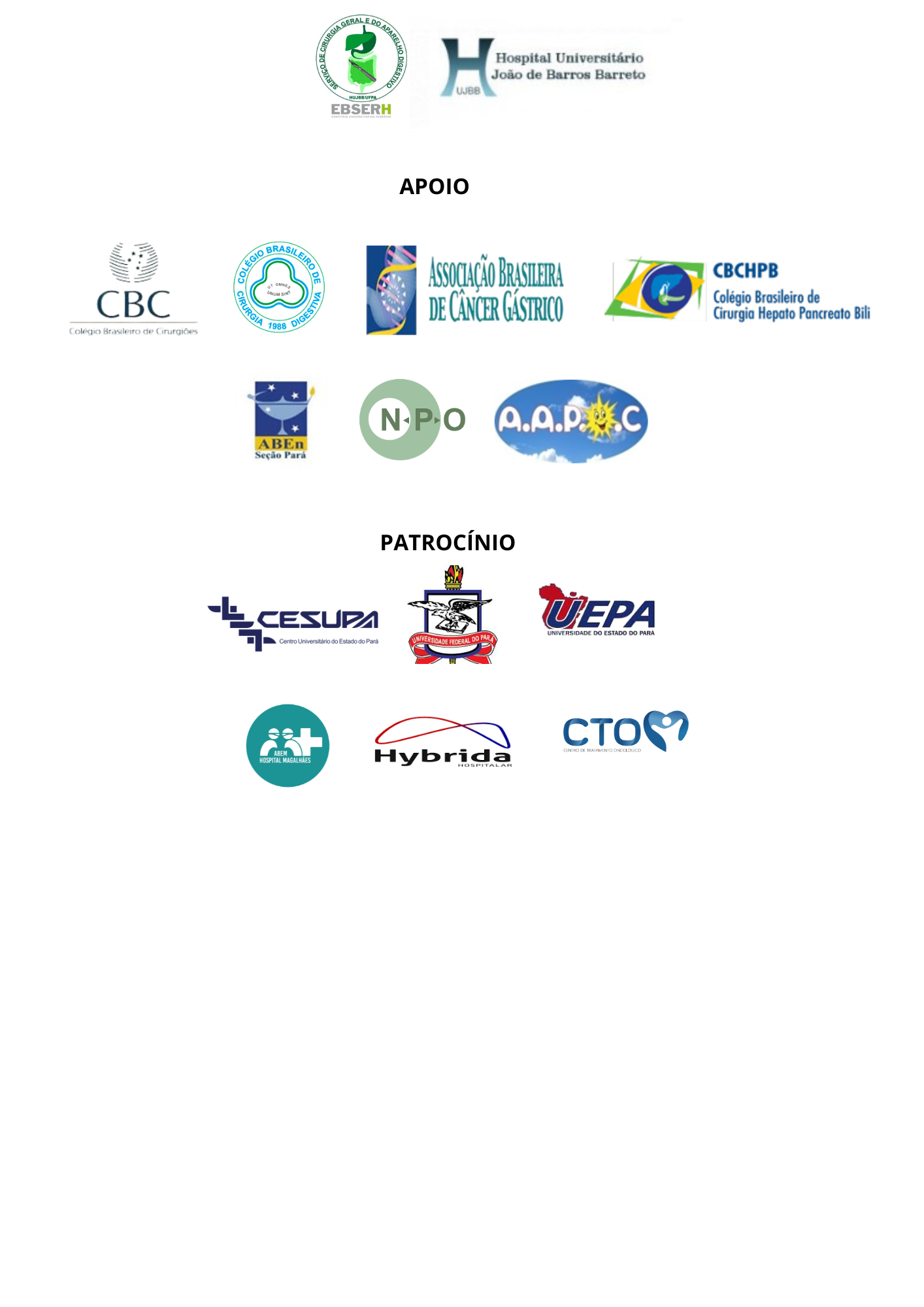 Logos de apoio e patrocínio do V Congresso Paraense de Cirurgia